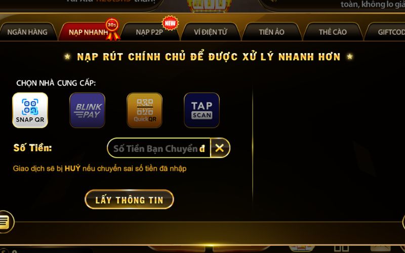 thực hiện nạp tiền vào tài khoản Hitclub