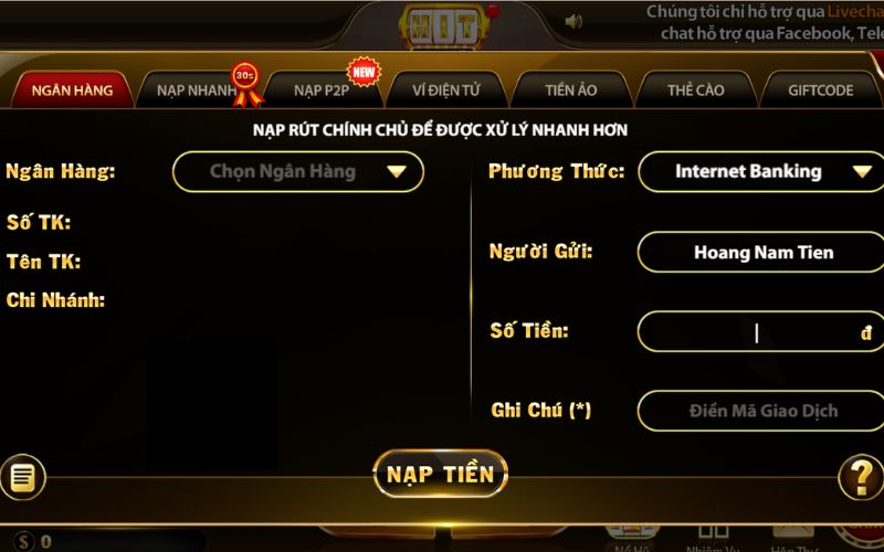 giao diện nạp tiền Hitclub với nhiều phương thức thanh toán