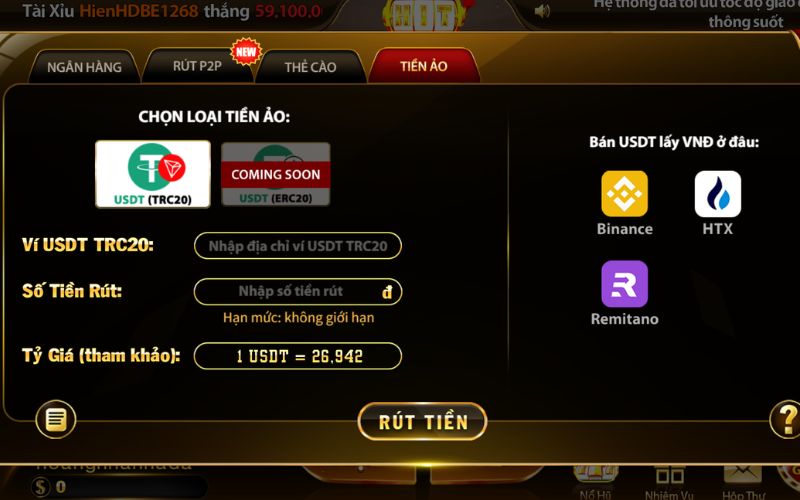 thao tác rút tiền Hitclub qua ngân hàng điện tử